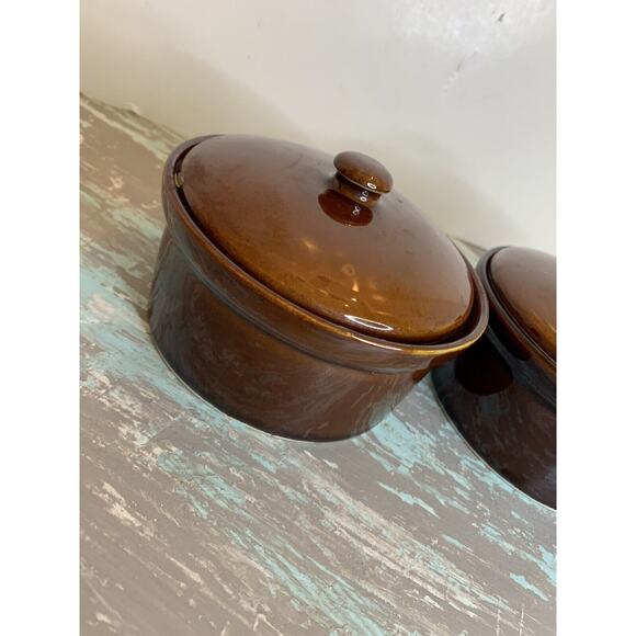 Vintage Set of 2 Rego Brown Stoneware Lidded Crocks Pots E518-07 5"d x 2 3/8"h - Picture 2 of 9